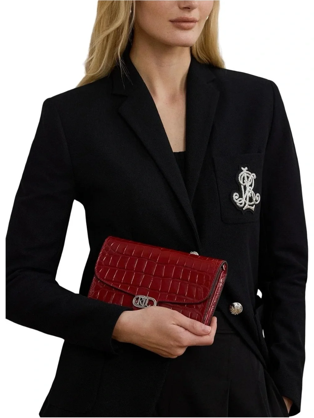 Ralph Lauren Glossy Red Croc-Embossed Chain Clutch